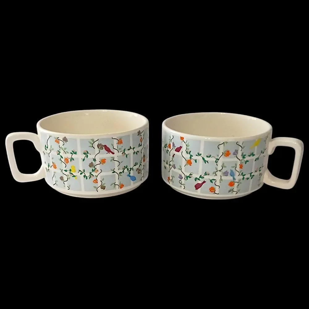 2 Vintage Soup Chili Mug Cup Ceramic Flowers Birds Pastel Pair Cottage 70s Retro